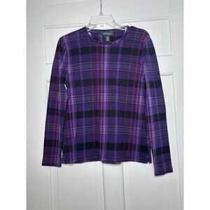 Lauren Ralph Lauren Purple Plaid Top Round Neck Women’s L Classic Quiet Luxury